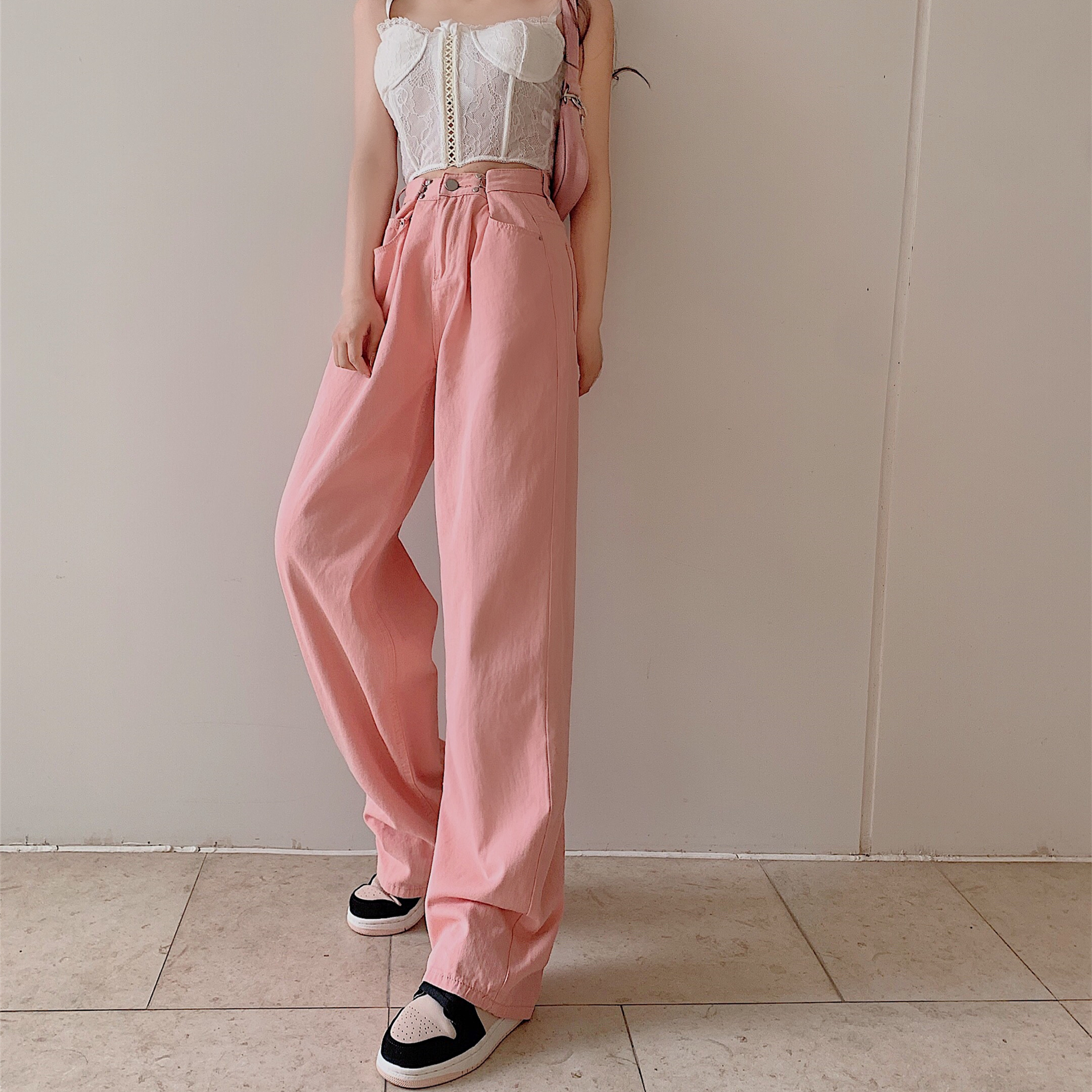 Real price elegant style adjustable waist high waist straight tube wide leg floor pants thin jeans look thin