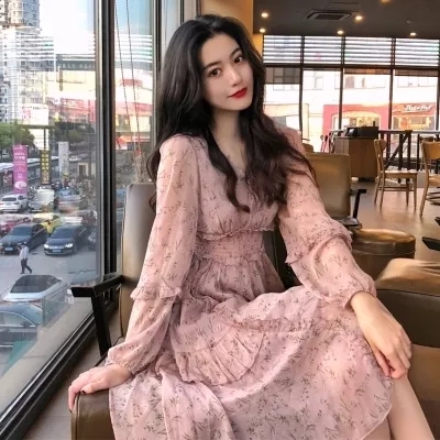 2021 autumn Korean version new chiffon long sleeved floral dress long style loose and thin temperament women's waist long skirt