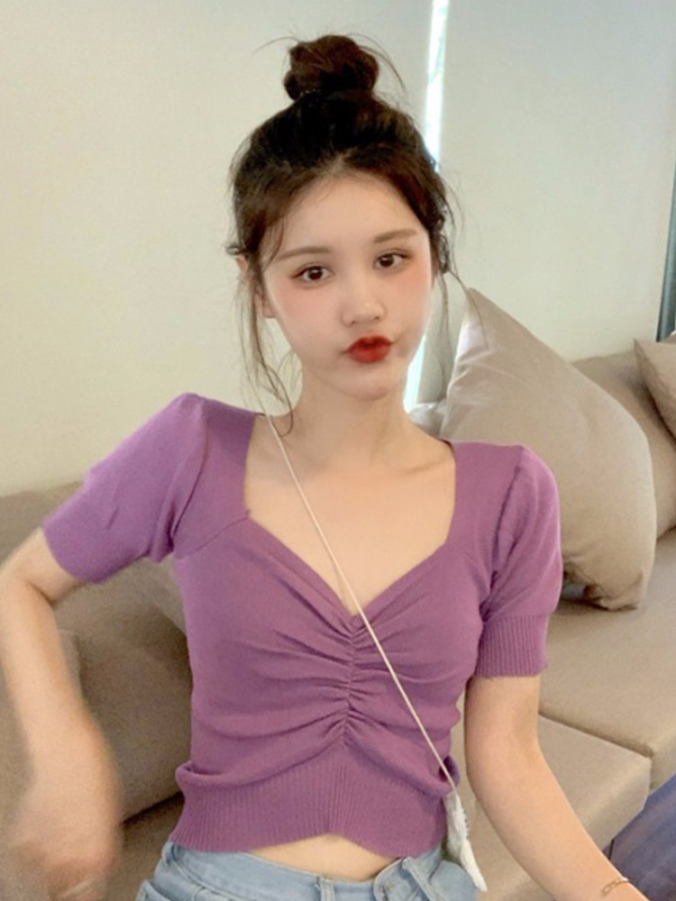 Summer 2020 new Korean version small foreign V-neck bubble sleeve T-shirt women's net red short shirt top