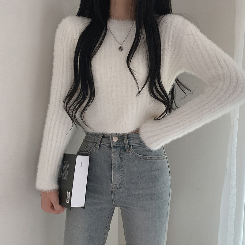 Real price imitation mink sweater super soft waxy foreign style versatile solid color round neck Pullover backed long sleeved sweater
