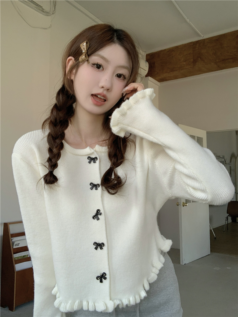 Women's New Gentle Style Long-Sleeve Knitted Cardigan with Real Photos of Blackwood Edge Irregular Short-Sleeve Top