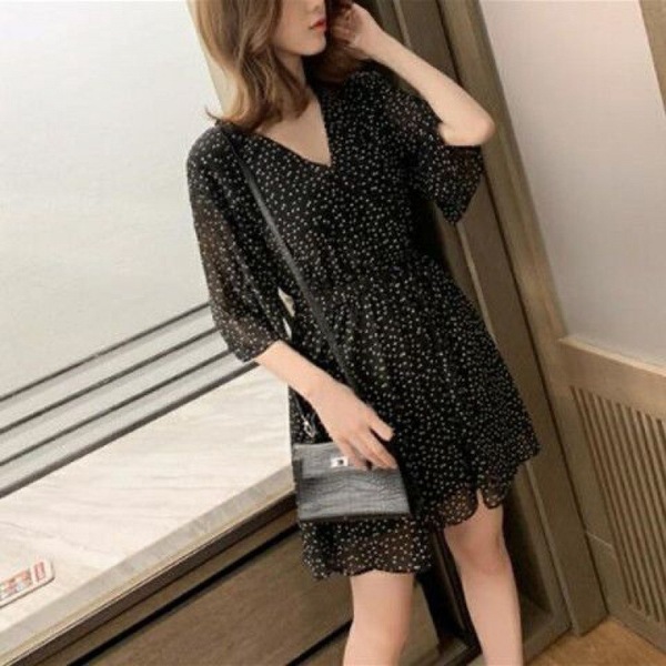 Retro chiffon dress for women's 2021 summer new V-neck waist slim lace up Polka Dot Dress