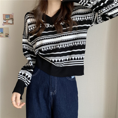 Real shot real price autumn Korean Vintage jacquard collar loose and versatile lazy knitted sweater women
