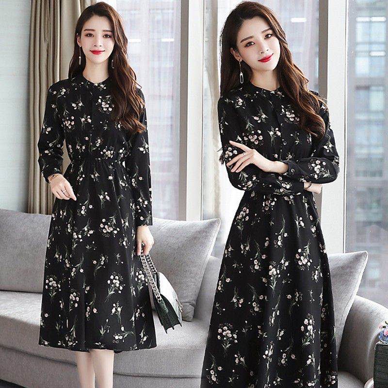 Spring new Korean style slim fit over knee autumn and winter shirt bottomed floral long skirt women