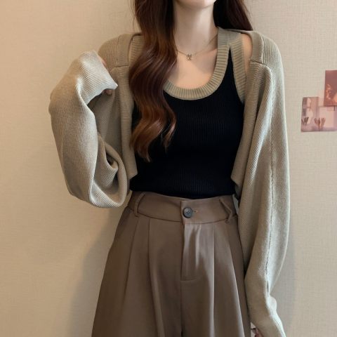 Design sense niche autumn women's suit new color contrast vest long-sleeved sweater two-piece set