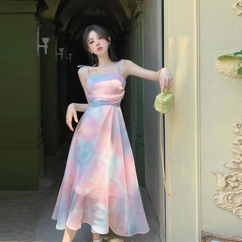 Summer beautiful stunning chic suspender skirt female 2023 new high waist show thin cover belly big swing dress