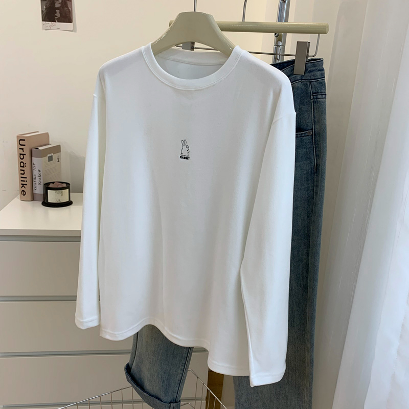 Official map Autumn and winter round neck velvet women's top double-sided brushed embroidery slit T-shirt back bag long-sleeved top