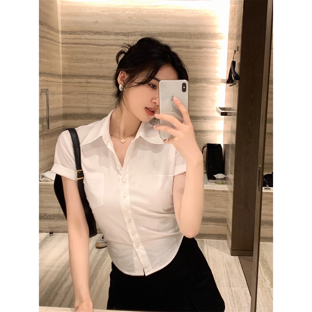 Summer new style very spicy waist-cinching shirt women's pure desire top white slim fit versatile inner short-sleeved short shirt trendy