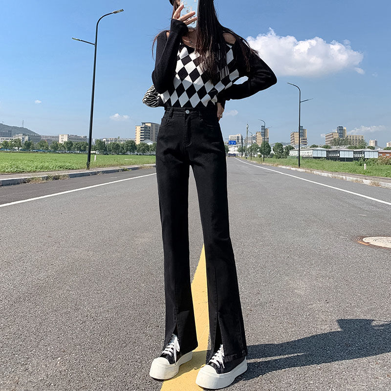 Women's 2023 spring black slit jeans women's mopping fishtail pants high waist slim straight tube flared pants