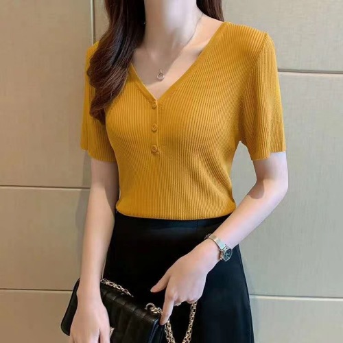 Summer new Korean version solid color knitted short sleeve T-shirt for female students' bottoming shirt slim collar top