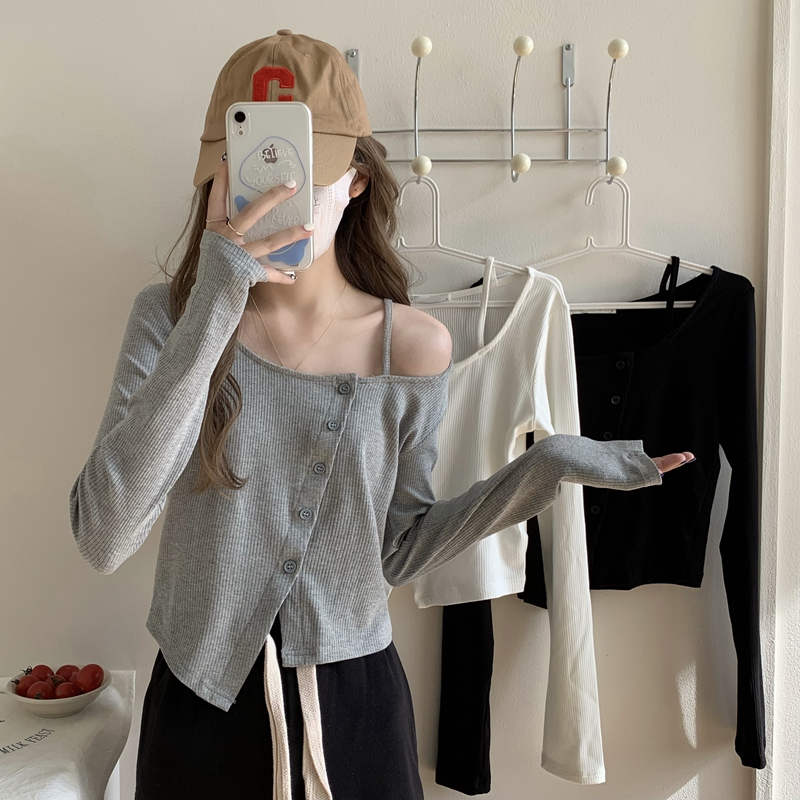 Design sense niche irregular short top women's spring and autumn three-color Korean long-sleeved t-shirt long-sleeved