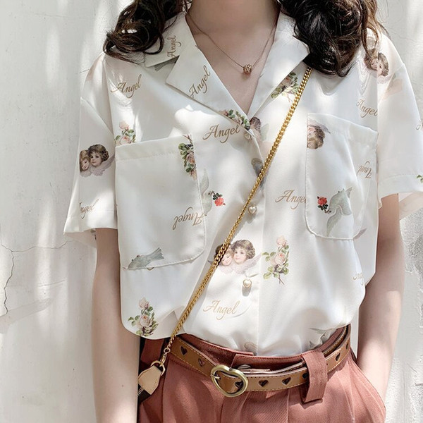 Angel printed Japanese V-neck Vintage Port Style Short Sleeve Chiffon girls' design top 2022 Hawaiian Shirt