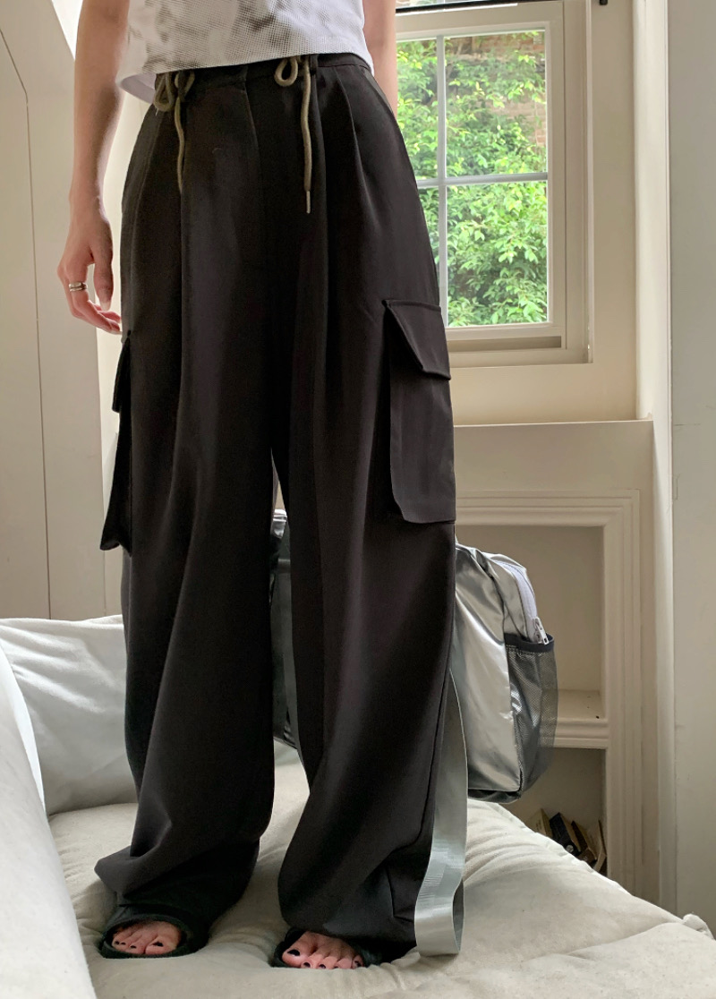 Real shot real price Super hot slim drawstring three-dimensional pocket wide-leg tooling casual trousers trousers