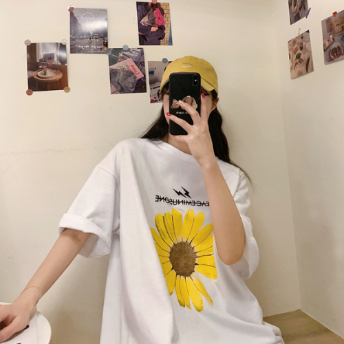 Double milled milk silk Korea fashion printed Daisy short sleeve T-shirt for women