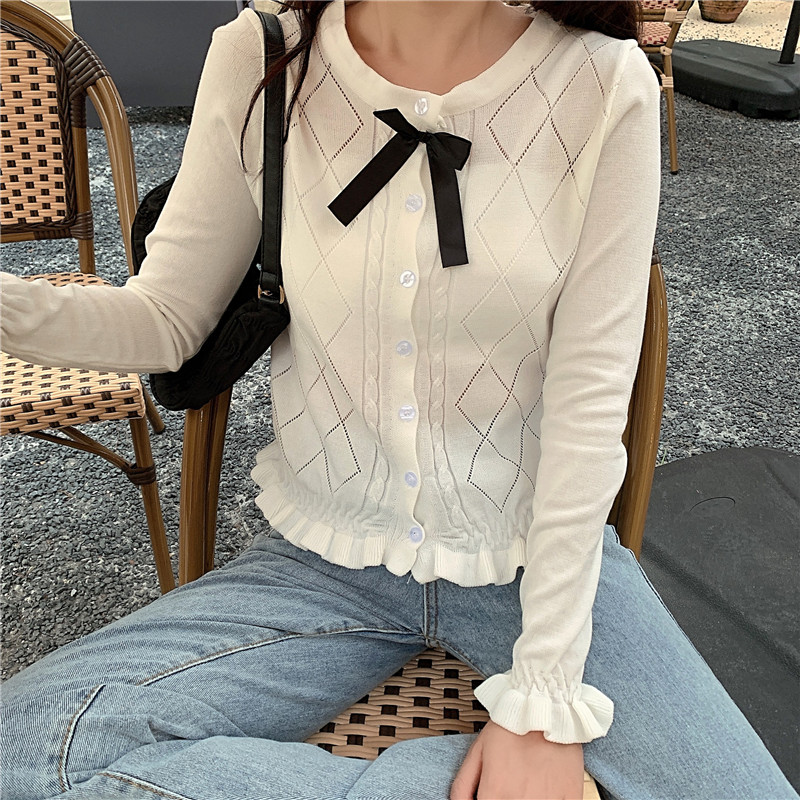 Real shot small fragrant wind bow knitted shirt for women 2020 slim and thin with cardigan and long sleeve top