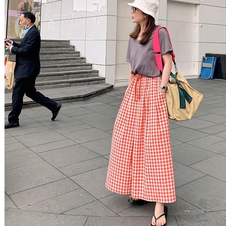 New summer products 2022 new checked wide leg skirt pants elastic high waist thin versatile pants loose casual pants women