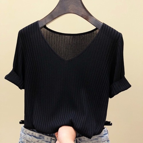 Summer new Korean collar loose thin air hole stripe ice silk knitted women's solid color short sleeve T-shirt