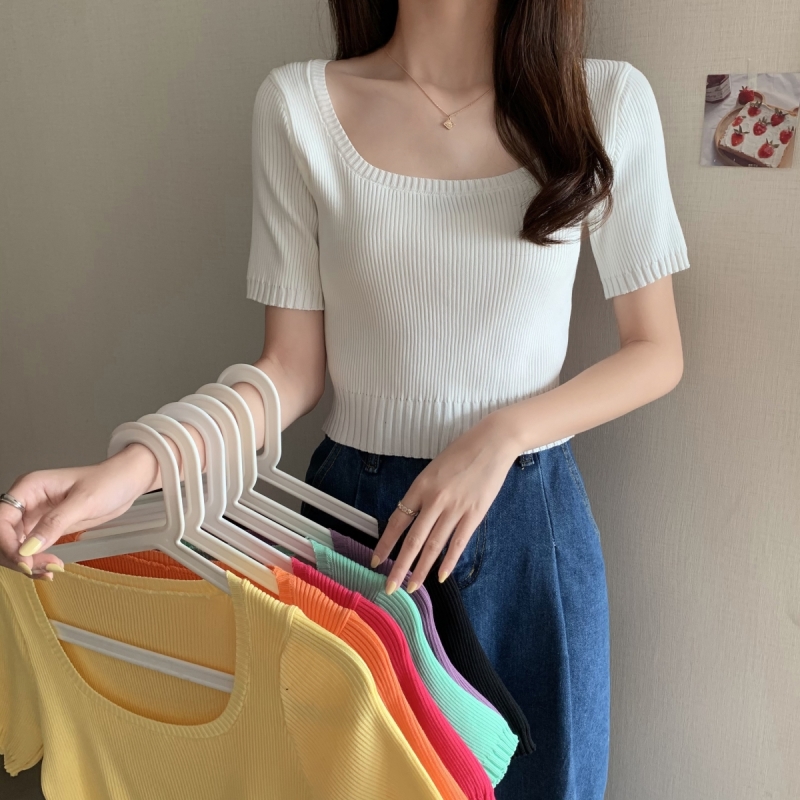 2022 summer new versatile pit strip solid color short sleeved T-shirt thin short top