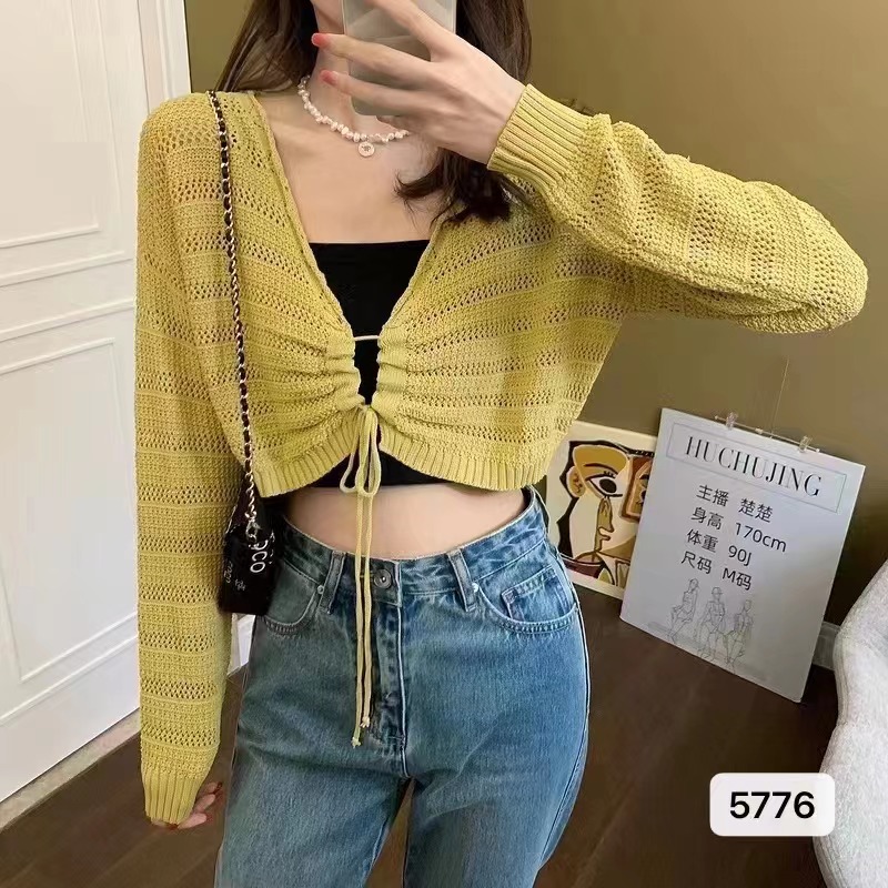 Pure desire style V-neck bandage long sleeve knitted cardigan women's summer thin sunscreen blouse loose short top