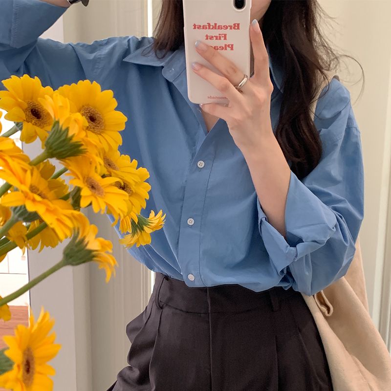 Real shot basic shirt women striped lapel single-breasted button long short all-match casual top 2023 Korean version