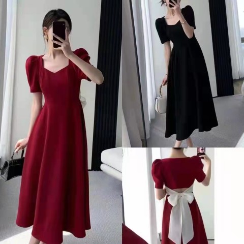 French Vintage Hepburn style black dress, new summer back bow, slim skirt