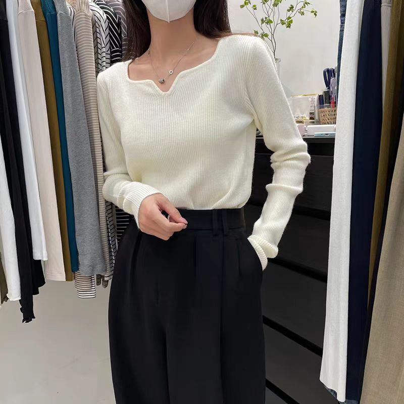 Autumn and winter Korean style slim French square collar with temperament knitted bottoming sweater