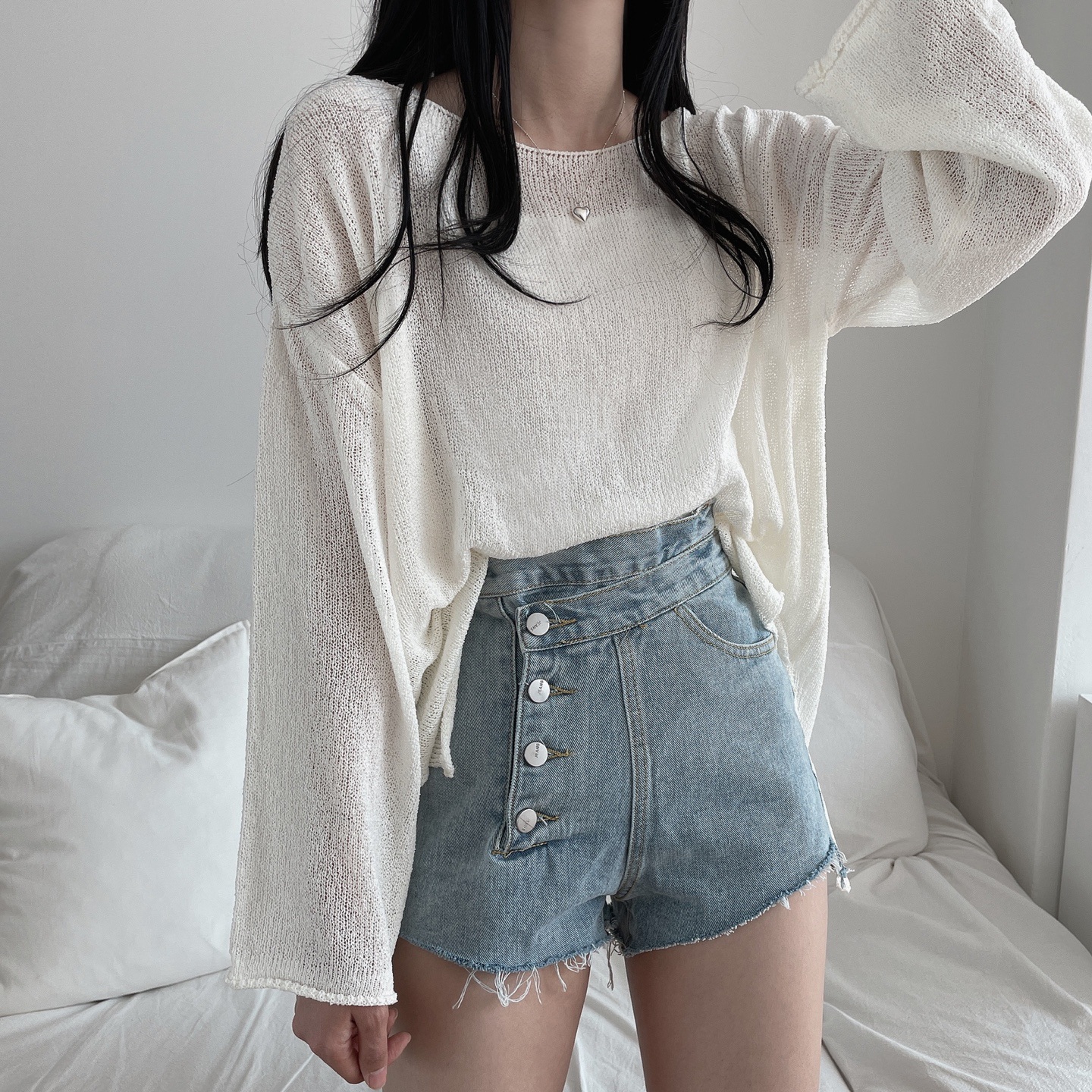 Real price Korean version of solid color casual front and rear two-wear long-sleeved thin section pullover hem slit knit sweater sweater