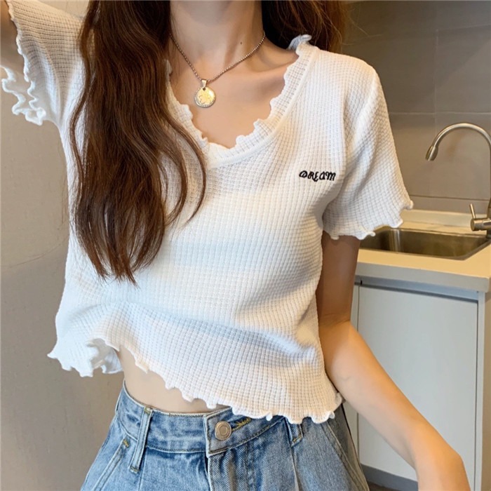 V-neck wooden ear slim sweet spicy top female waffle ice silk high waist short sleeve t-shirt ins