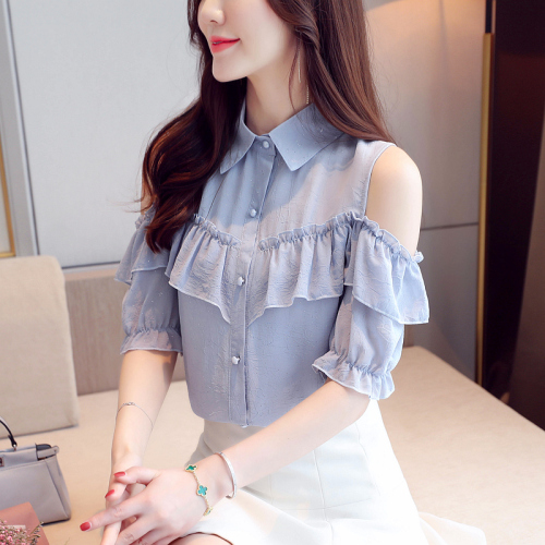 Leaky shoulder chiffon blouse women's short sleeve summer super immortal Korean version loose air small shirt with ruffle edge off shoulder top trend
