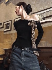 American Retro Leopard Print Bowknot Asymmetrical Long Sleeve T-Shirt for Women Early Autumn Slimming Body Shaping Underwear 