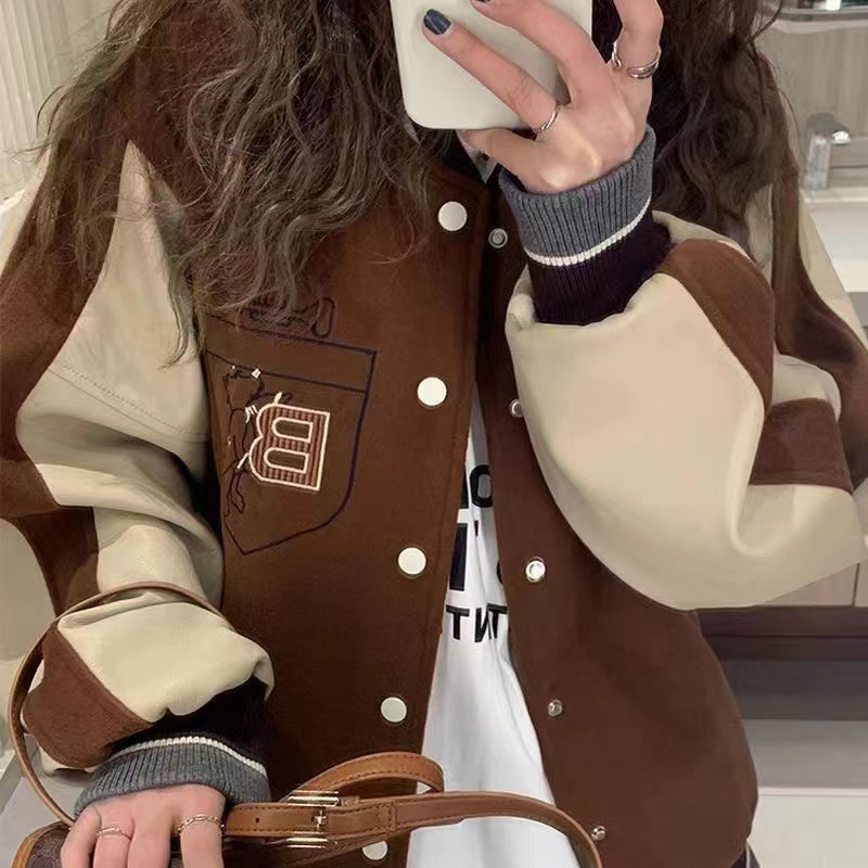 American retro brown baseball uniform women's spring and autumn new loose casual all-match clip jacket tide
