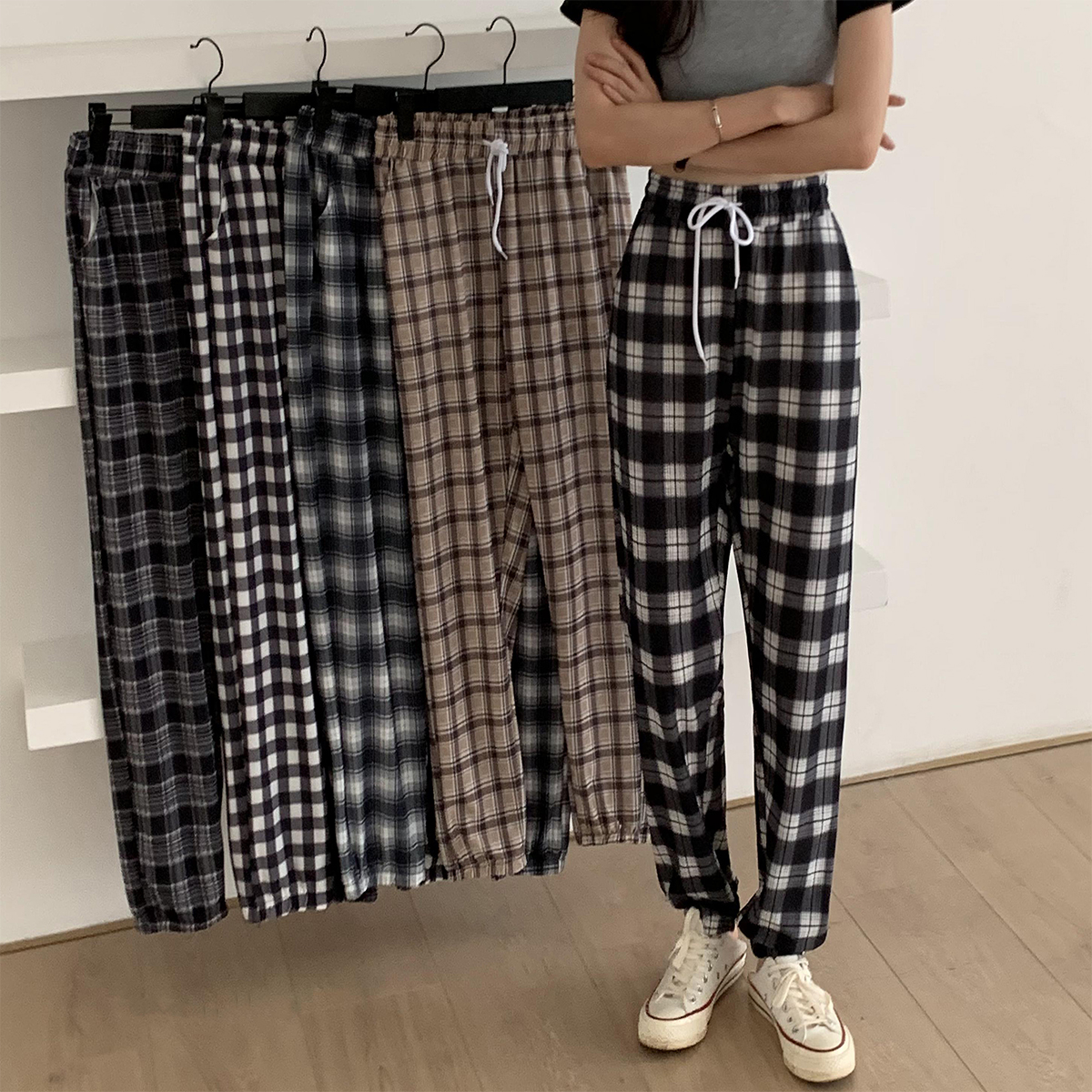 Real photo plaid pants children's pants summer thin loose wide leg net red casual drawstring 9-point sports Leggings