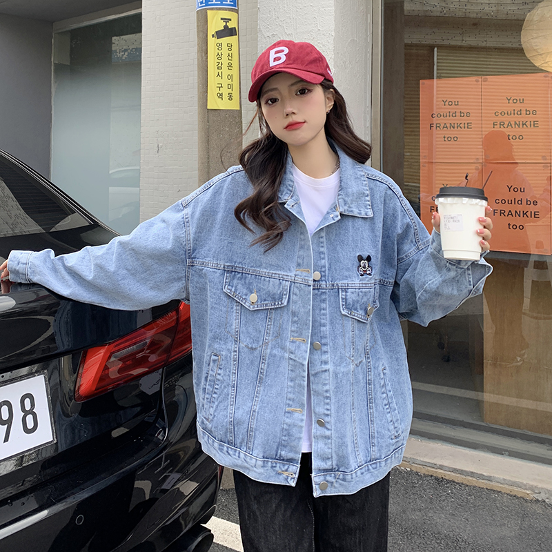 實拍2022春秋新款牛仔短外套女刺繡米奇韓版寬鬆小個子上衣bf風潮