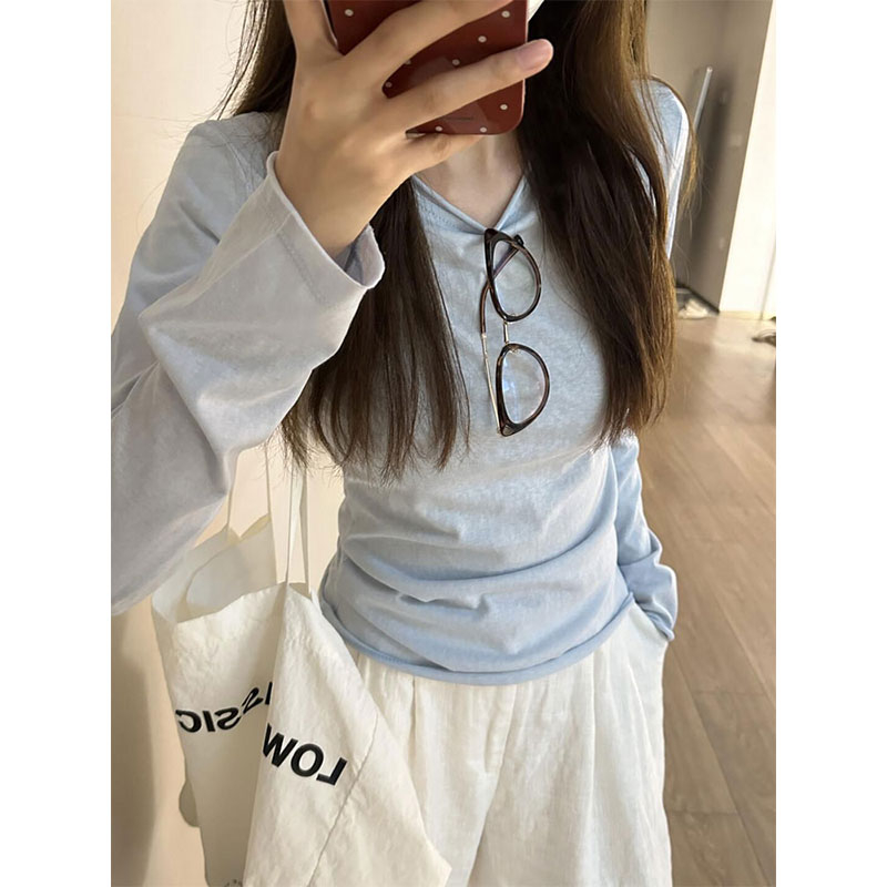 baby blue right shoulder long sleeve t-shirt women's early autumn thin slim fit design niche curled bottoming top