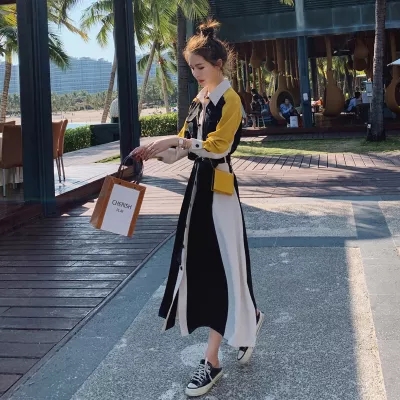 Splicing French long sleeved shirt dress 2021 early autumn new waist closing slim temperament design sense of niche long skirt
