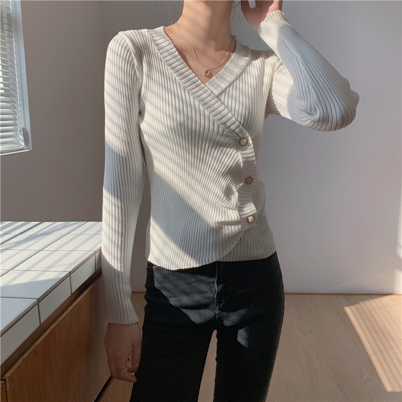 Real shot ~ retro irregular T-shirt autumn new women's Pullover long sleeve V-neck gentle design top