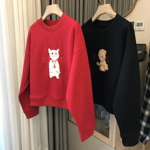 30 cotton 67 polyester fiber 3 other fat MM200 catties red sweater women's 2022 autumn and winter round neck loose plus velvet