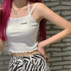 2021 summer New South Korean crank vest women's neck sling lace short waist show thin base coat