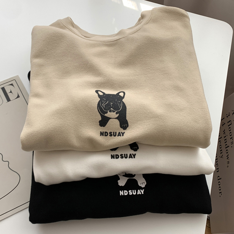 Autumn and winter round neck German fleece women's top double-sided brushed printing long-sleeved T-shirt bottoming shirt rear bag