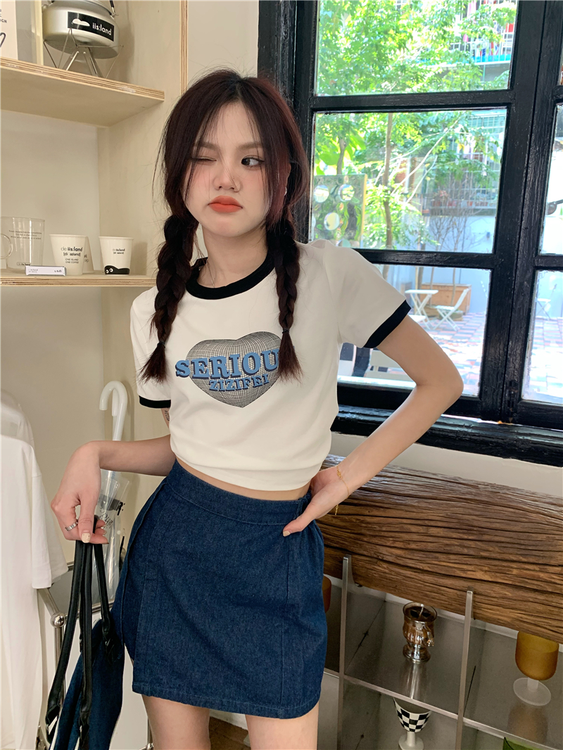 Real shot real price versatile color contrast thin love printed T-shirt