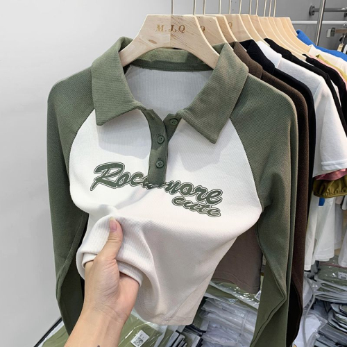 Imitation cotton thread polo collar long sleeve T-shirt women's design sense niche short top