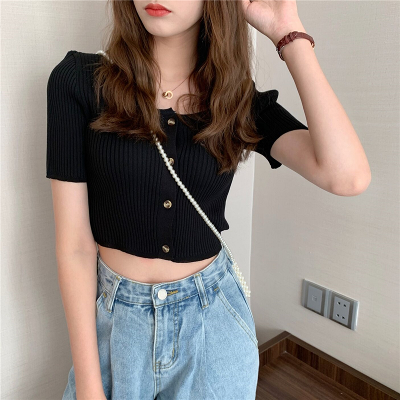 Real price Korean ins short sleeve retro solid color slim short knitted T-shirt women's small square collar top