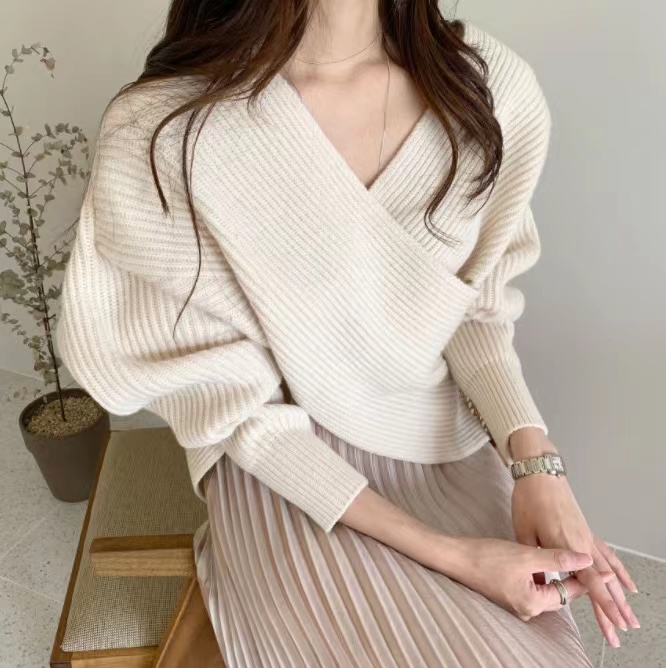 Korean New Women's style simple cross V-neck loose knit sweater top