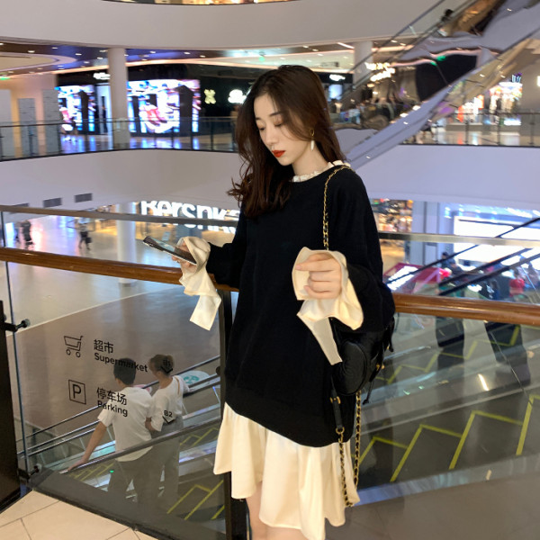 Autumn and winter new plush thickened fake two-piece sweater loose Korean college middle and long splicing dress for women