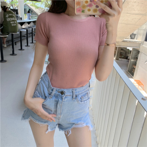 Korean slim fit short half sleeve T-shirt retro knitted green short sleeve T-shirt women's new summer