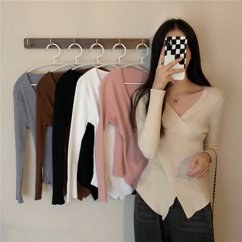 Sexy cross V-neck slim knitted sweater early spring 2020 new Korean version long-sleeved top pullover bottoming sweater women