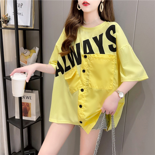 Real shot cotton net red same short sleeve T-shirt women's summer new round neck middle long student top large women's dress