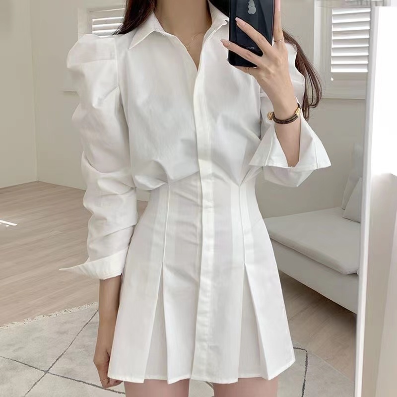 Shirt dress women's spring French style lapel single-breasted pleated waist slimming skirt