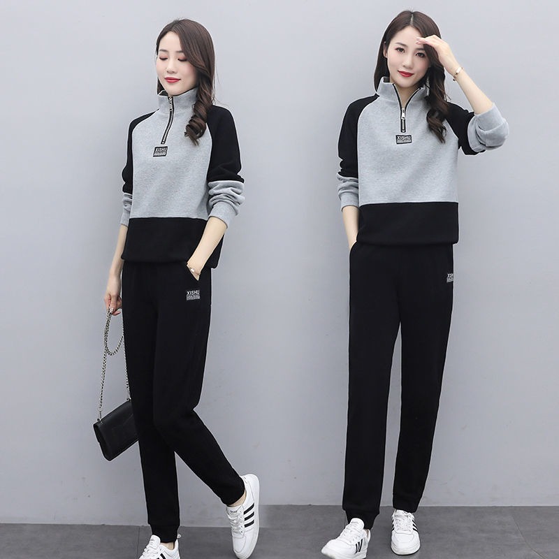 New spring and autumn fashion casual sportswear stand collar stitched sweater loose running two-piece cotton cover