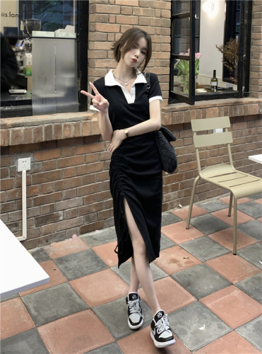 Real price!  Korean version of contrasting color polo collar dress women's self-cultivation slim drawstring pleated hem slit skirt